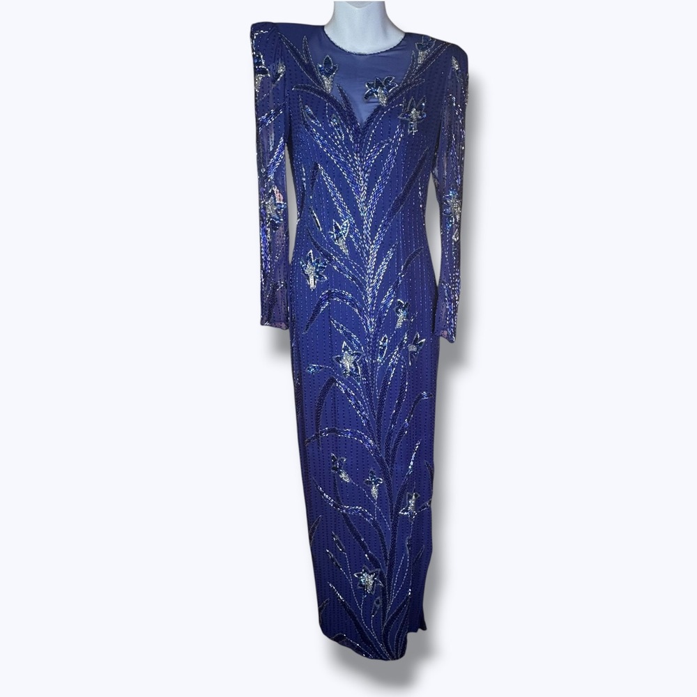 Vintage Lillie Rubin Silk Beaded Blue Gown 80s Evening Formal Prom Dress 4